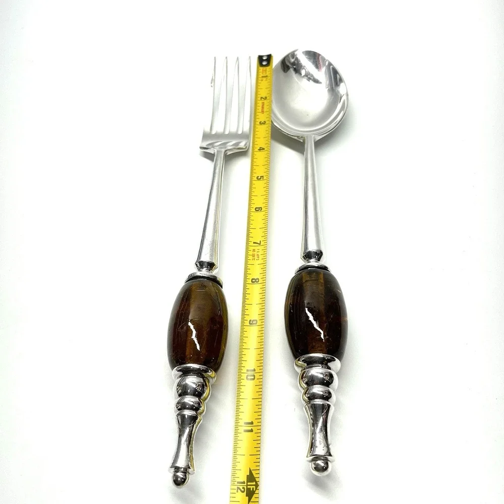 Serving Utensils Set Stainless Steel Amber Glass Handle Fork And Spoon Unbranded